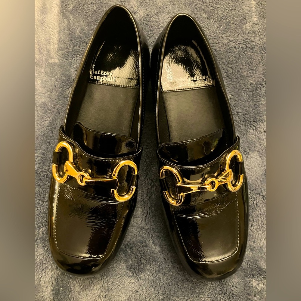 Black, patent leather, Jeffrey Campbell buckled platform loafer